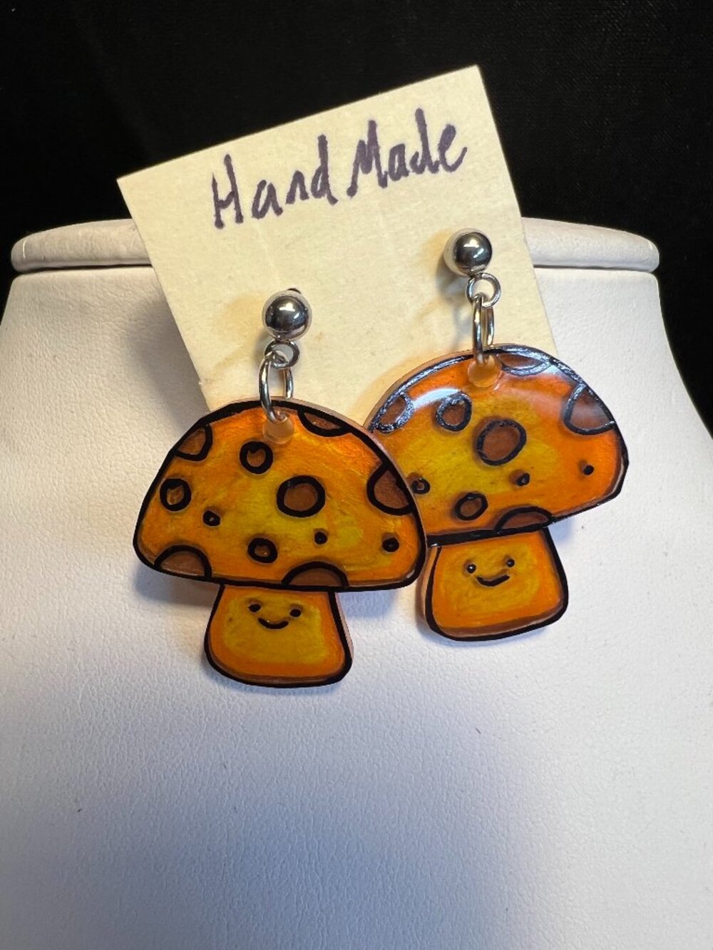 Happy Mushroom Earrings, Orange, Stainless Steel Posts, OOAK